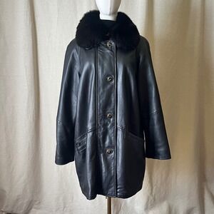 Vintage Black Leather Coat Removable Fox Fur Collar LNR Nordstrom Size Large